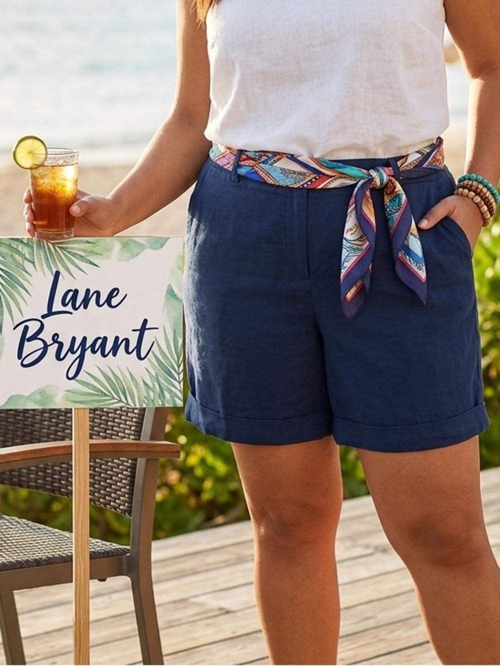 Lane Bryant Linen Blend Cuffed Navy Shorts 22/24
